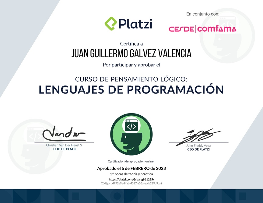 Diploma del Curso de Pensamiento Lógico: Lenguajes de Programación