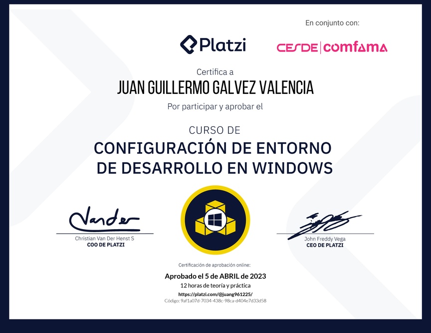Diploma del Curso de Configuración de Entorno de Desarrollo en Windows