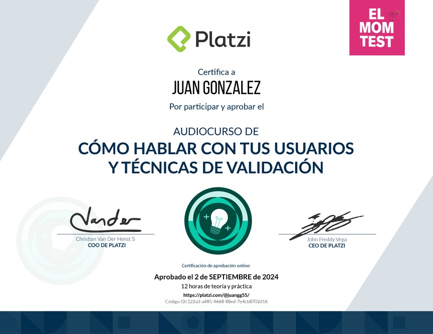 Diploma de Audiocurso Cómo Hablar Con Tus Usuarios y Técnicas de Validación