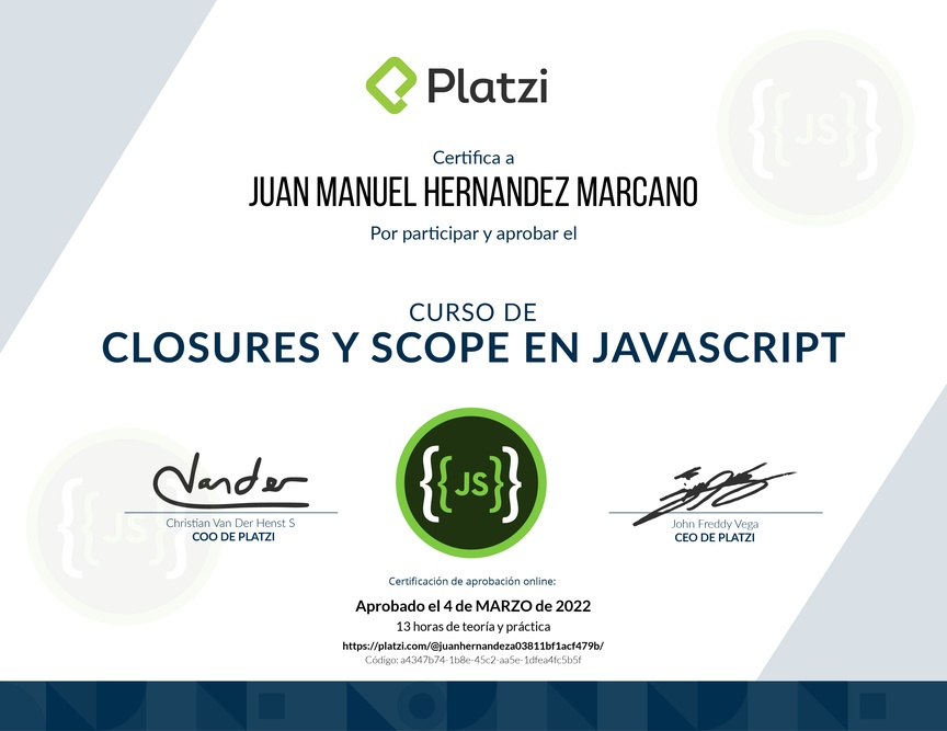 Diploma del Curso de Closures y Scope en JavaScript 2020