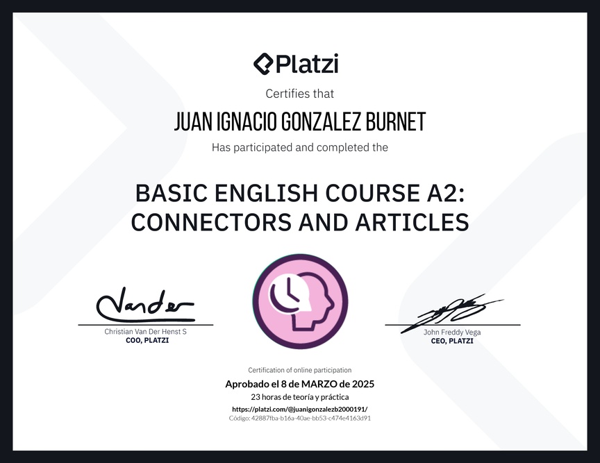 Diploma del Curso de Inglés Básico A2: Conectores y Artículos