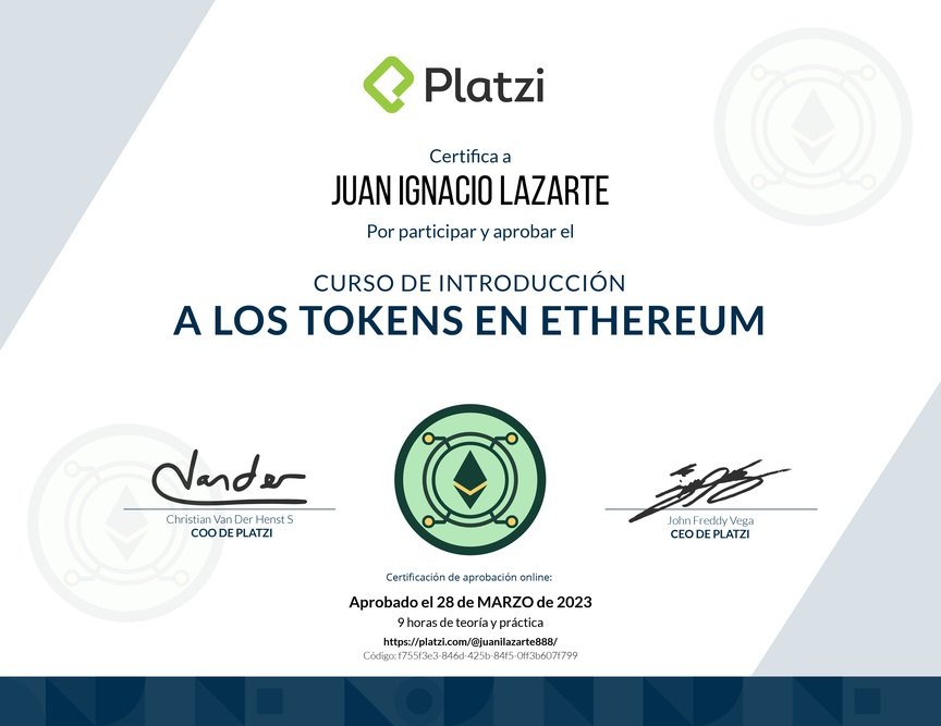 Diploma del Curso de Tokens en Ethereum: Fundamentos