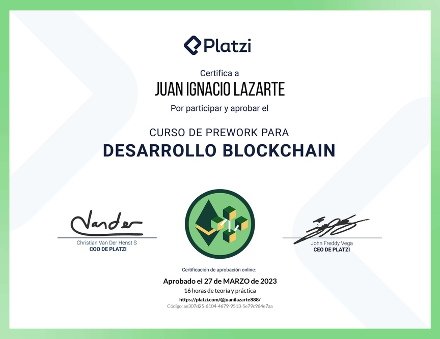 Diploma del Curso de Prework para Desarrollo de Aplicaciones Blockchain