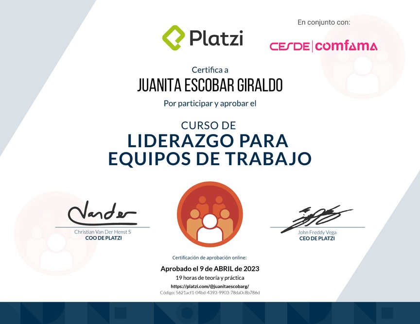 Diploma del Curso de Liderazgo para Equipos de Trabajo
