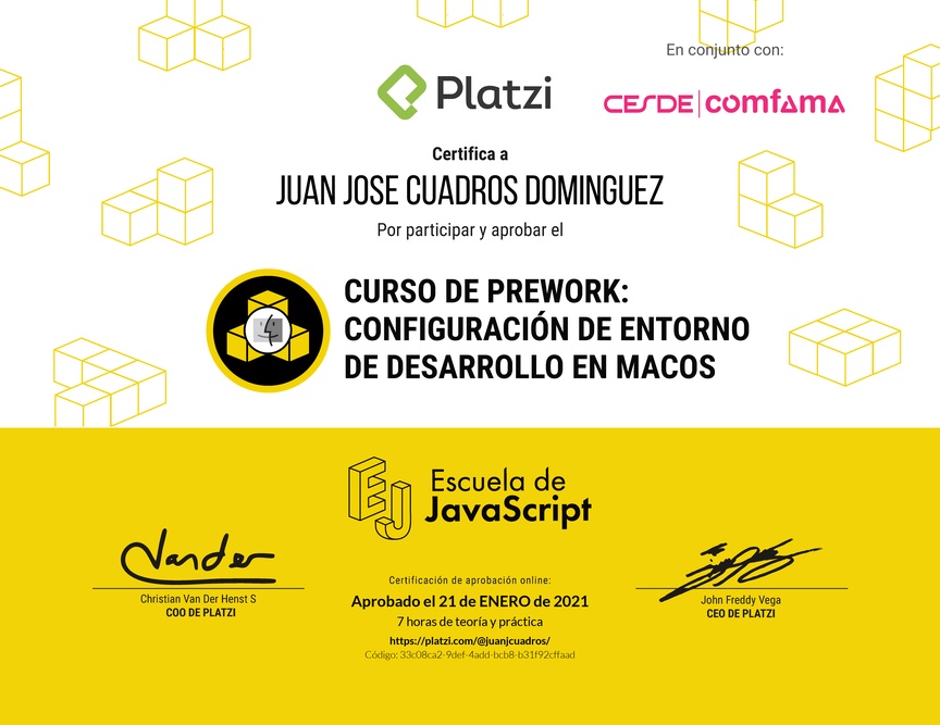 Diploma del Curso de Prework: Buenas Prácticas y Entorno de Desarrollo en macOS 2019