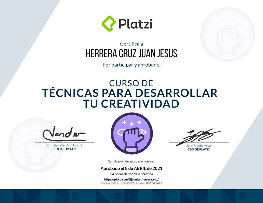 Diploma del Curso para Desarrollar tu Creatividad: Técnicas y Hábitos