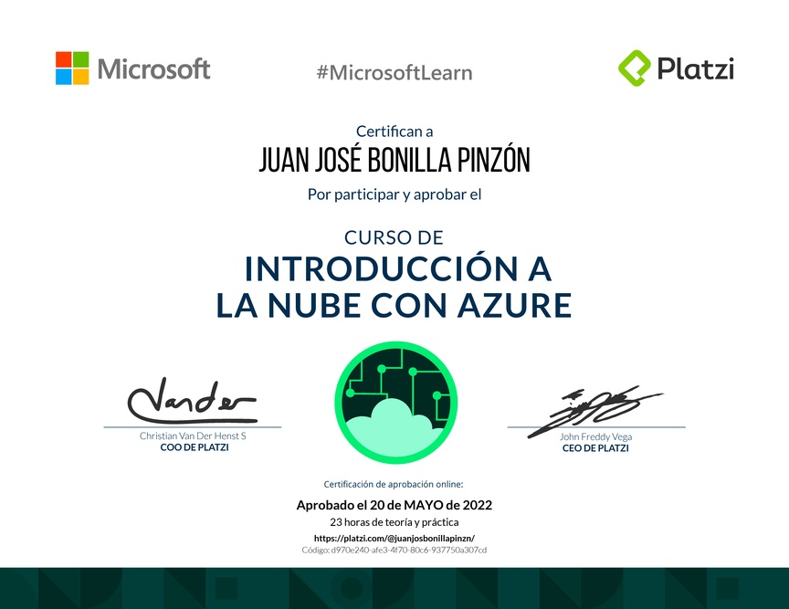 Diploma del Curso de Introducción a la Nube con Azure