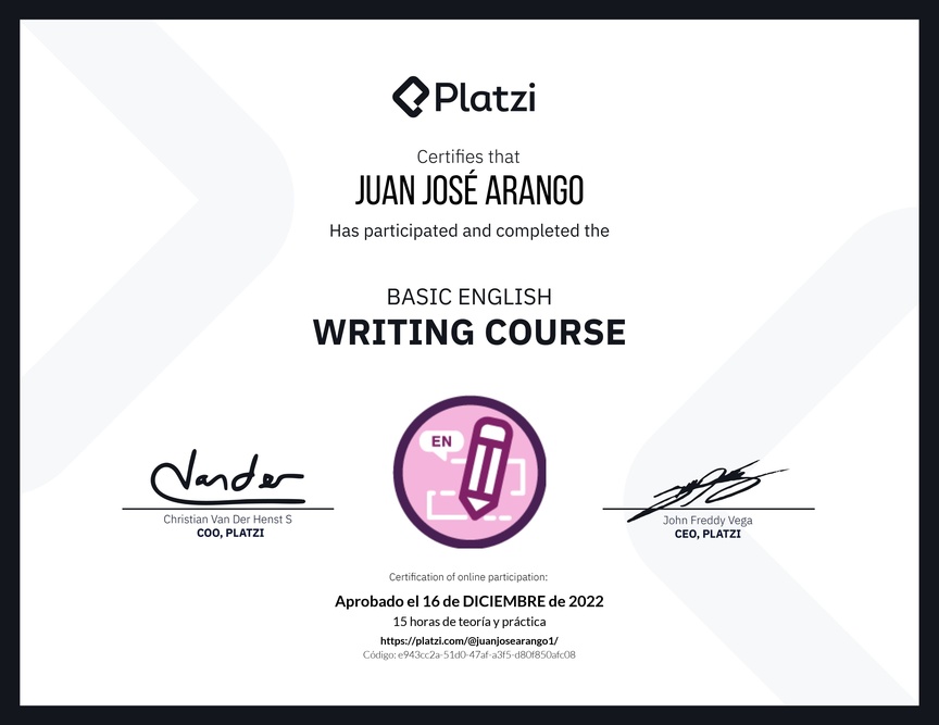 Diploma del Curso Básico de Escritura en Inglés