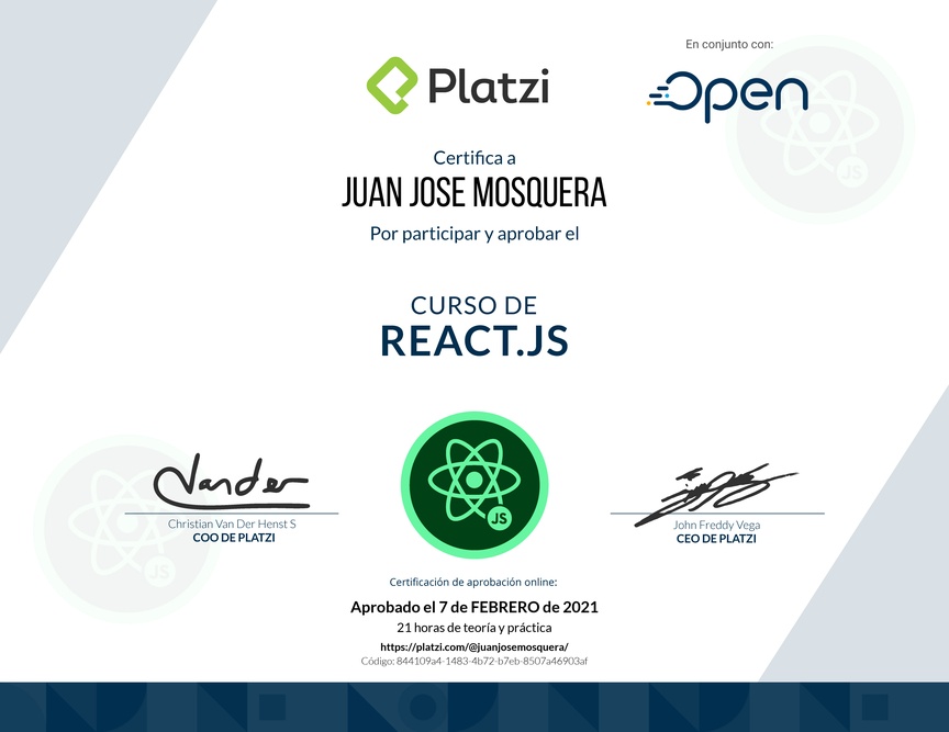 Diploma del Curso de React.js 2019