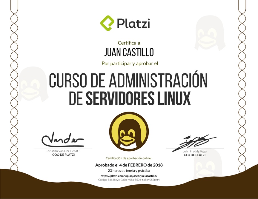 Diploma del Curso de Administración de Servidores Linux 2017
