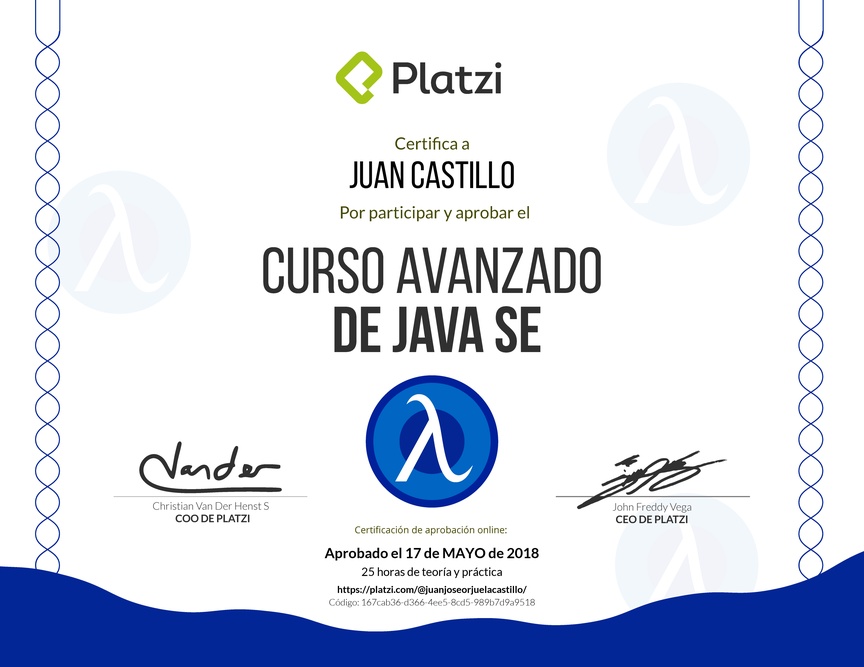Diploma del Curso Avanzado de Java SE