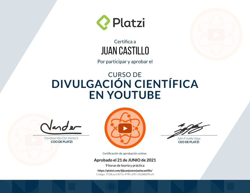 Diploma del Curso de Divulgación Educativa en YouTube