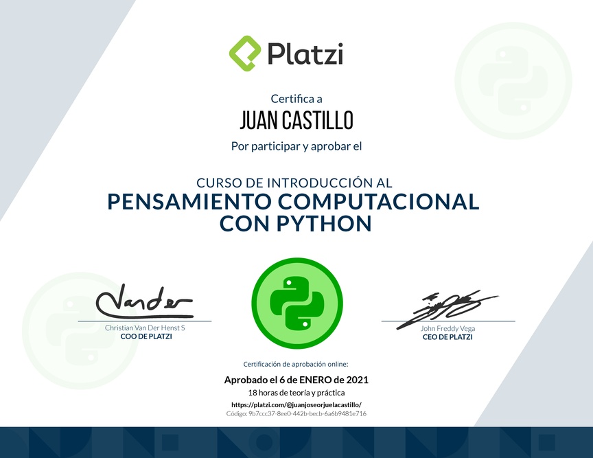 Diploma del Curso de Introducción al Pensamiento Computacional con Python