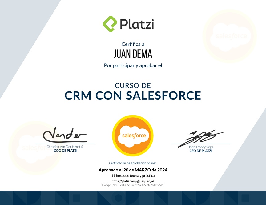 Diploma del Curso de CRM con Salesforce