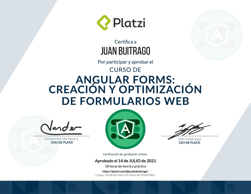 Diploma del Curso de Angular Forms: Creación y Optimización de Formularios Web
