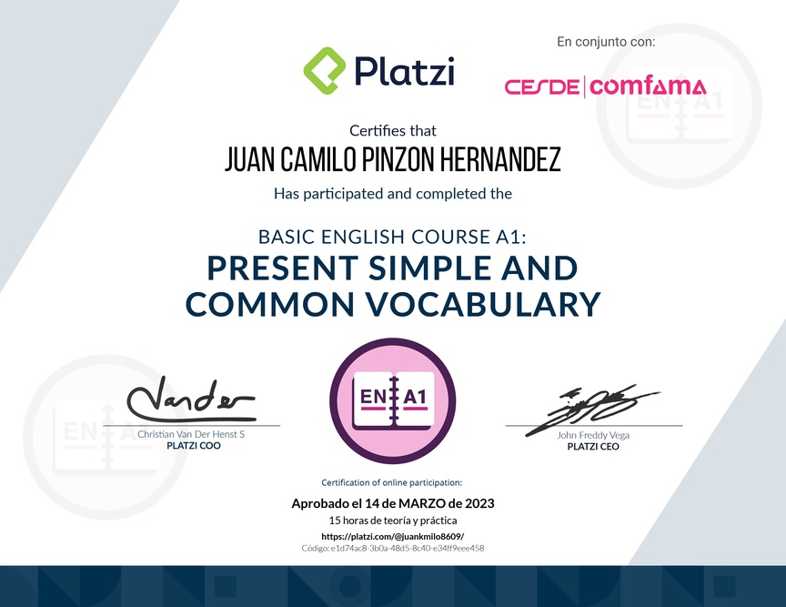 Diploma del Curso de Inglés Básico A1: Presente Simple y Vocabulario Común (2021)