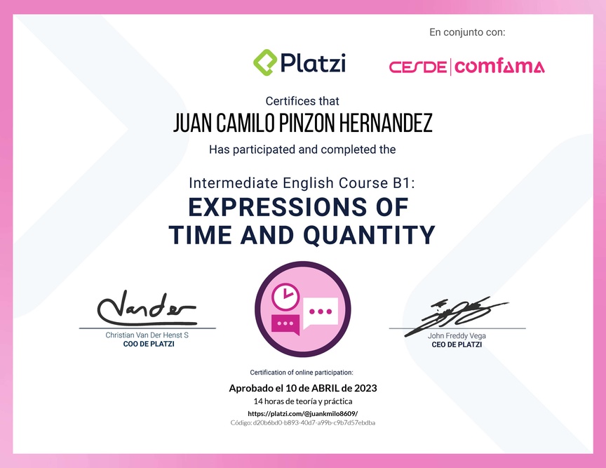 Diploma del Curso de Inglés Intermedio B1: Expresiones de Tiempo y Cantidad