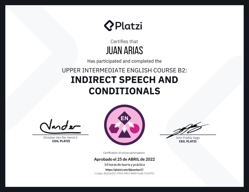 Diploma del Curso de Inglés Intermedio Alto B2: Discurso Indirecto y Condicionales