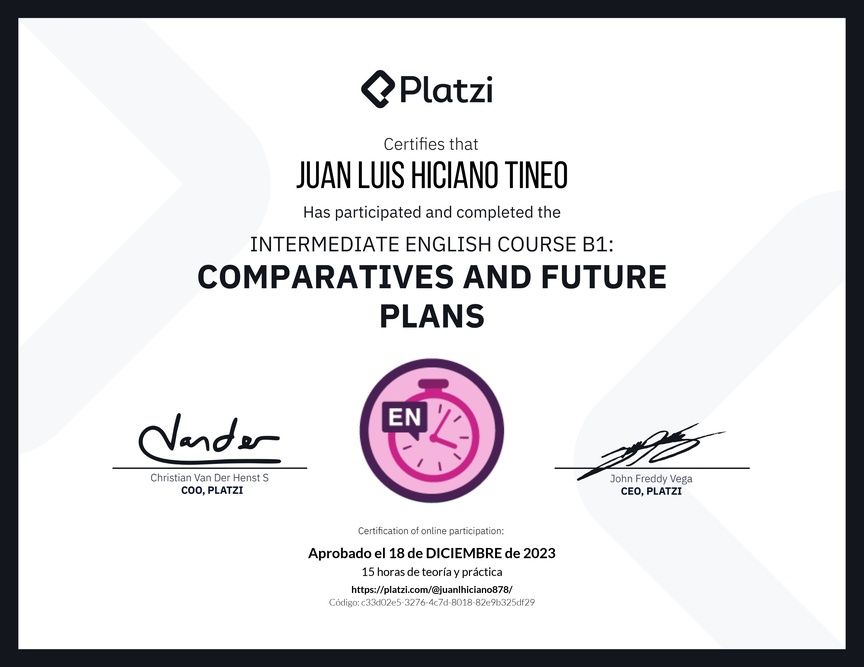 Diploma del Curso de Inglés Intermedio B1: Comparativos y Planes Futuros
