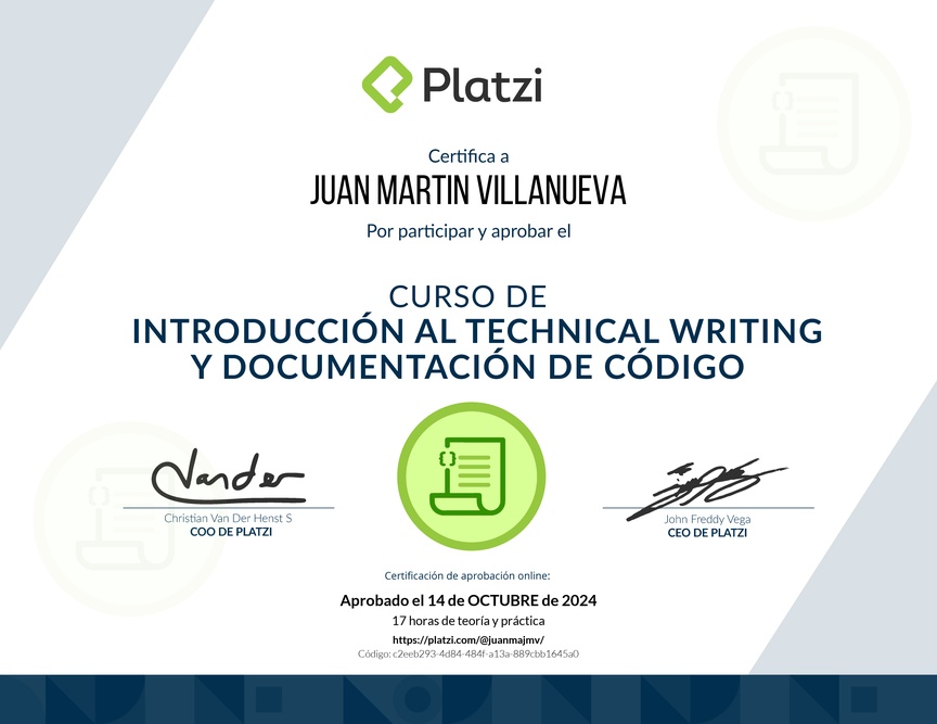 Diploma del Curso de Introducción al Technical Writing y Documentación de Código