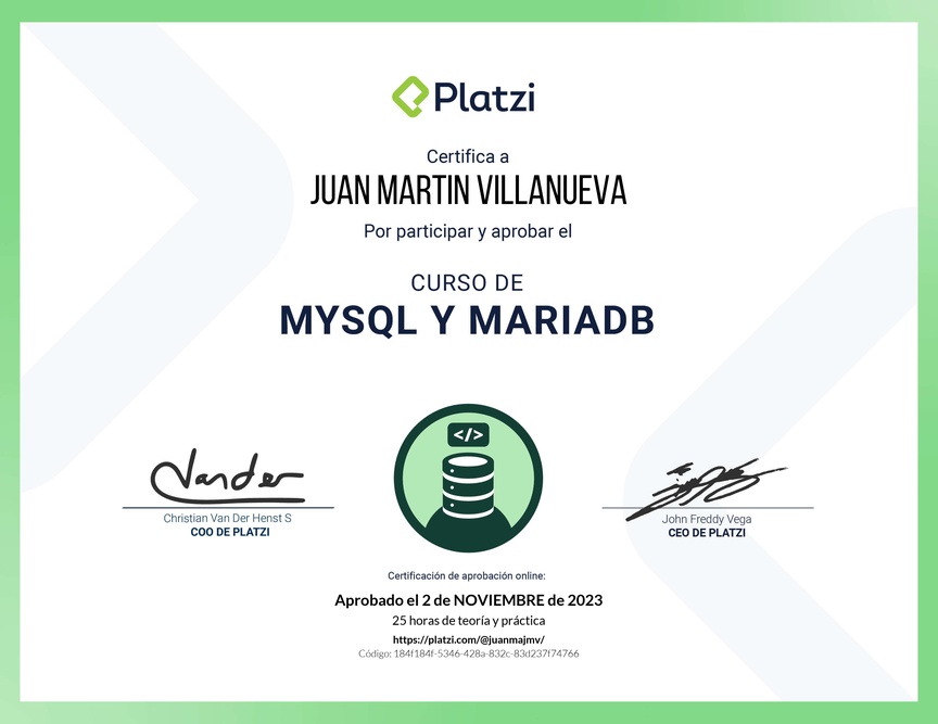 Diploma del Curso de Bases de Datos con MySQL y MariaDB