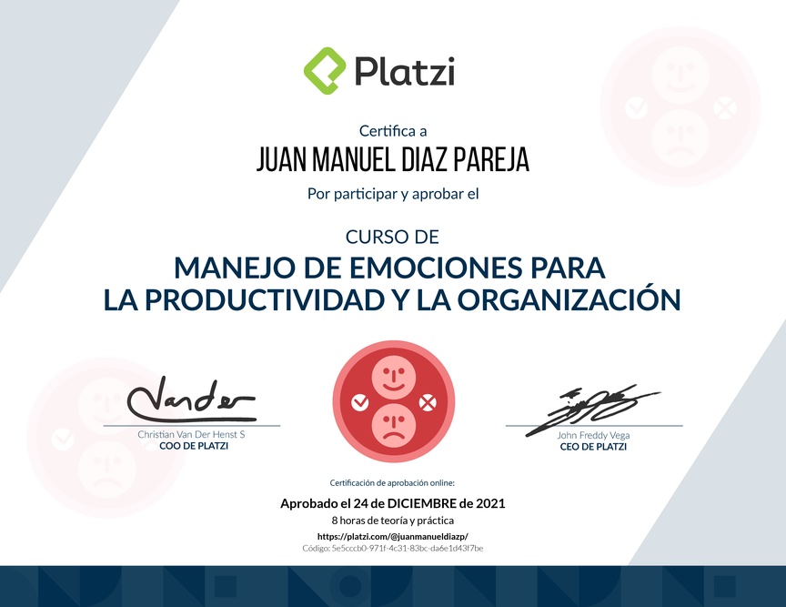 Diploma del Curso de Manejo de Emociones para la Productividad y la Organización
