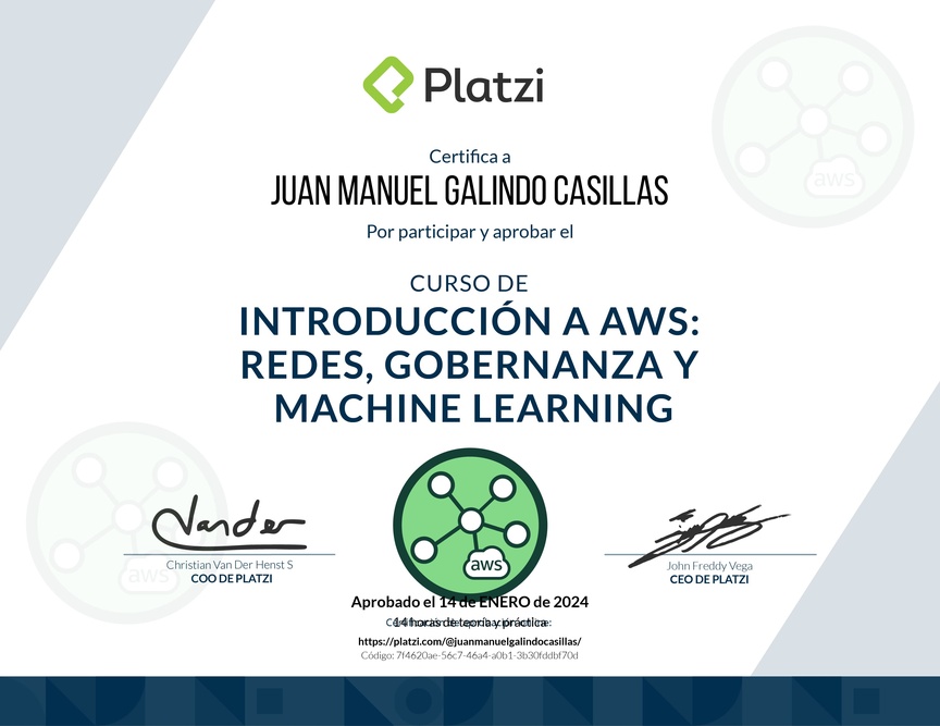 Diploma del Curso de Introducción a AWS: Redes, Gobernanza y Machine Learning