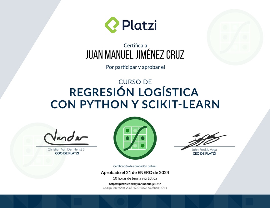 Diploma del Curso de Regresión Logística con Python y scikit-learn