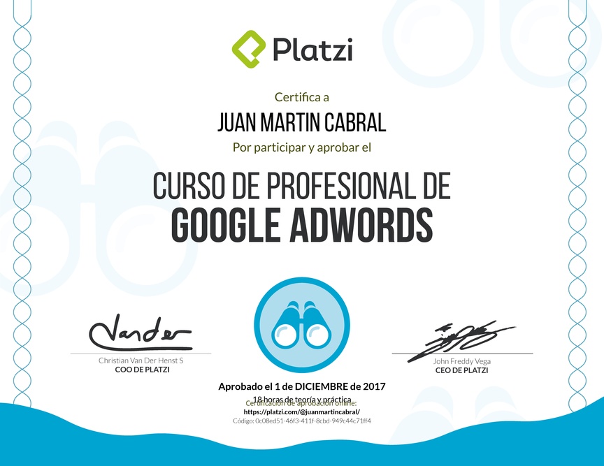 Diploma del Curso Profesional de Google AdWords 2016
