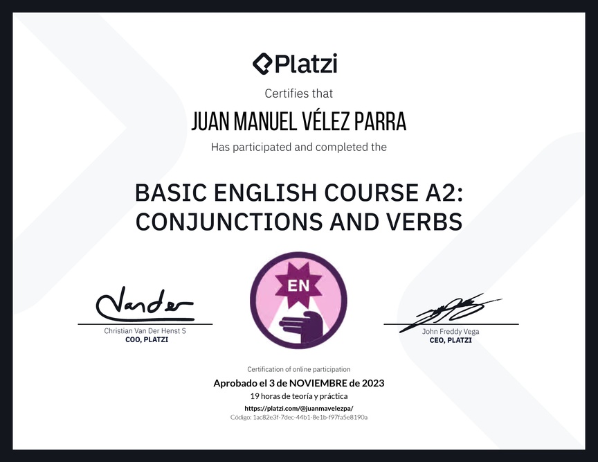 Diploma del Curso de Inglés Básico A2: Conjunciones y Verbos