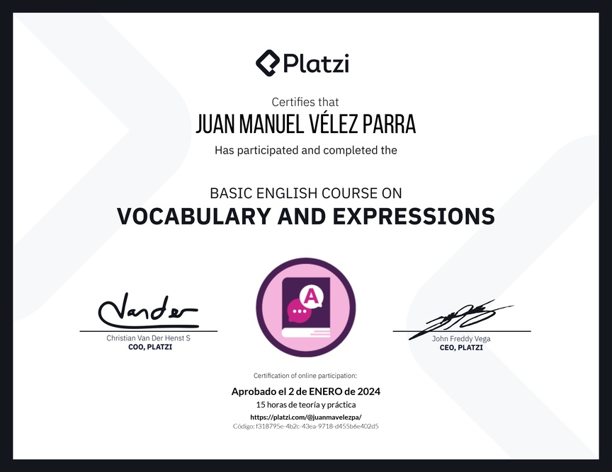 Diploma del Curso Básico de Vocabulario y Expresiones en Inglés