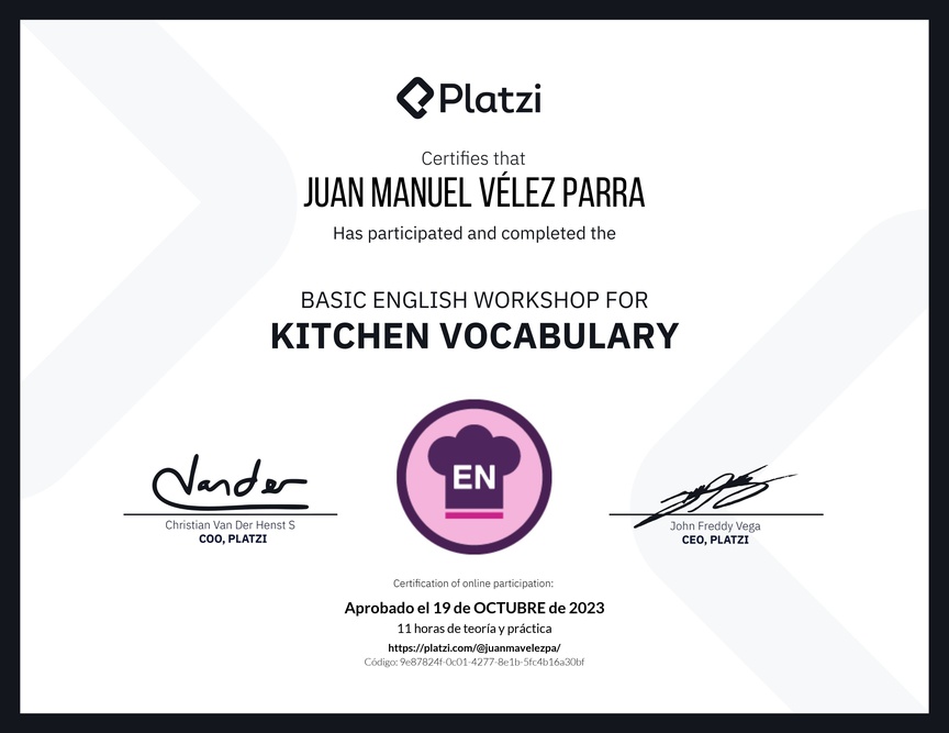 Diploma del Curso de Inglés Práctico sobre Vocabulario de Cocina