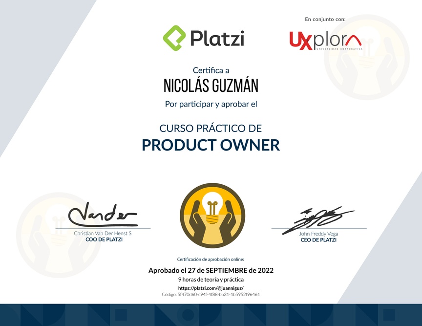 Diploma del Curso de Herramientas y Frameworks Intermedias para Product Owners
