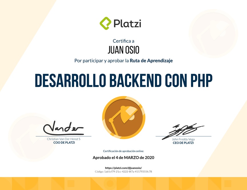 Diploma de la Ruta de Aprendizaje de Desarrollo Web Backend con PHP