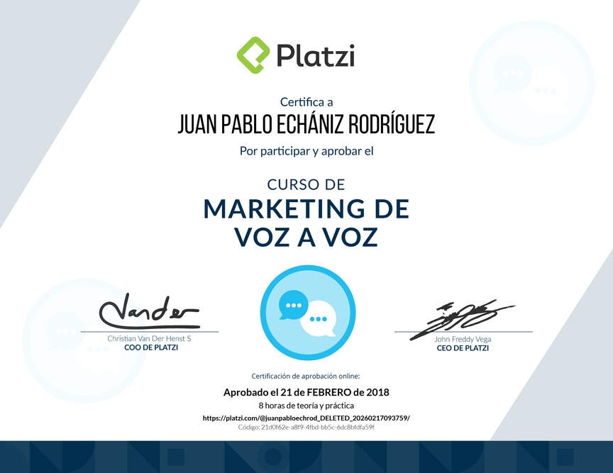 Diploma del Curso Gratis de Marketing Voz a Voz 2016