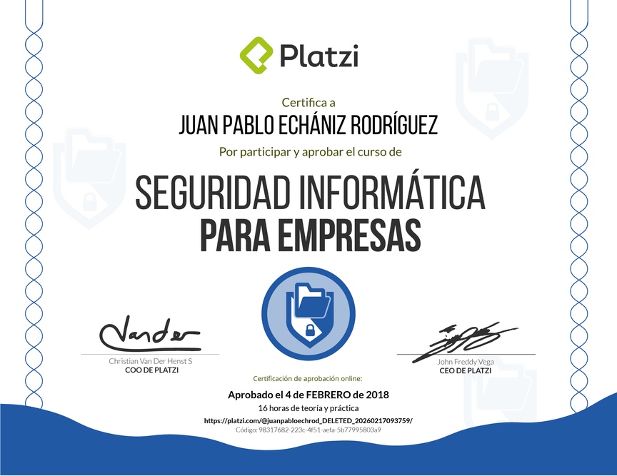 Diploma del Curso de Seguridad Informática para Empresas 2018