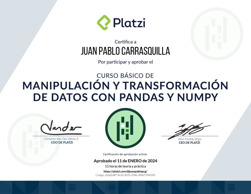 Diploma del Curso de Manipulación y Transformación de Datos con Pandas y NumPy
