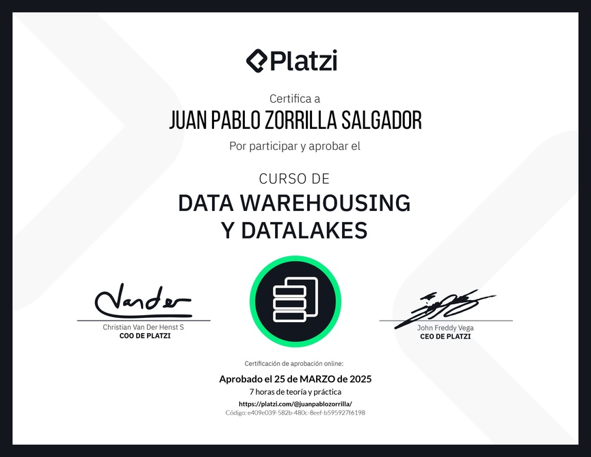 Diploma del Curso de Data Warehousing y Data Lakes