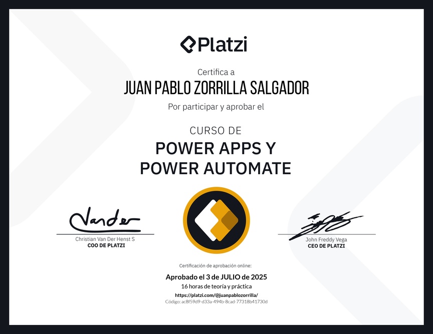 Diploma del Curso de Power Apps y Power Automate