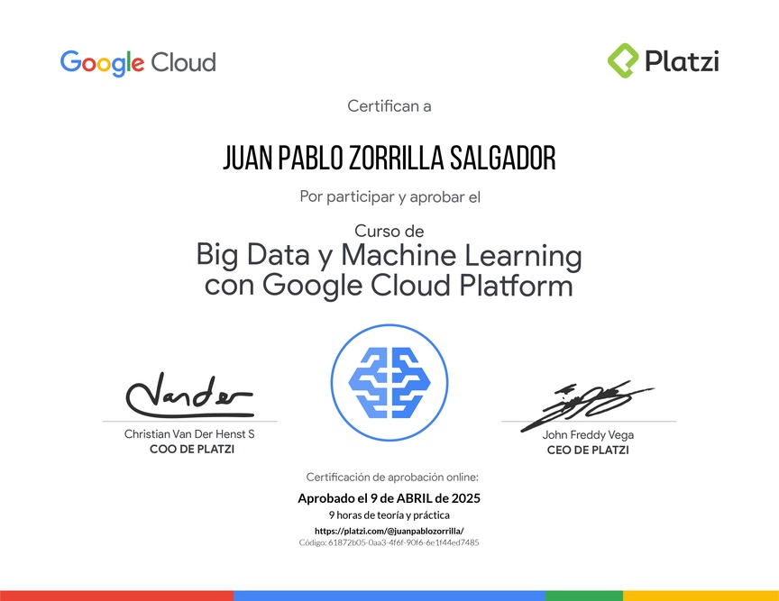 Diploma del Curso de Big Data y Machine Learning con Google Cloud Platform