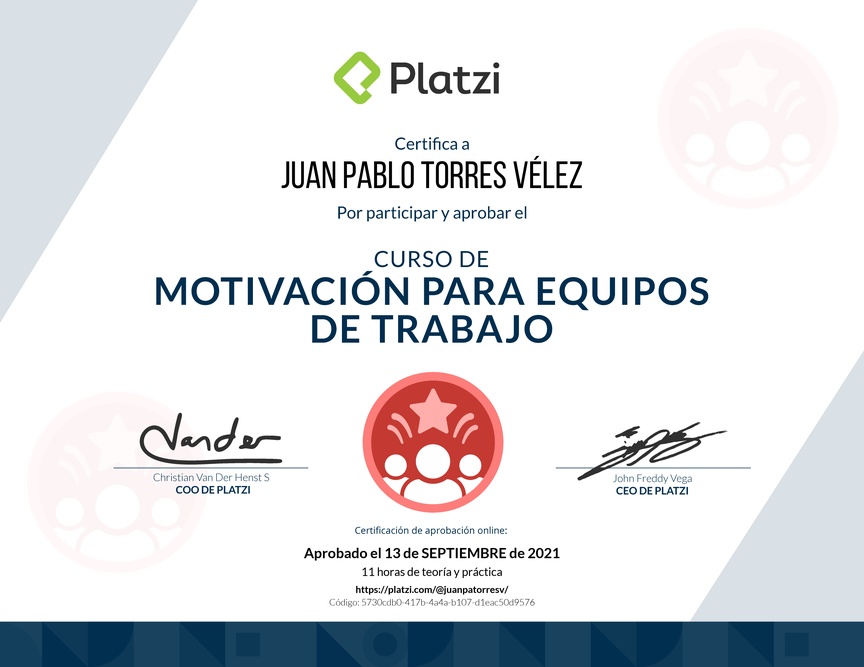 Diploma del Curso de Motivación para Equipos de Trabajo