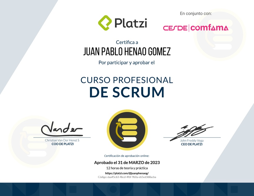 Diploma del Curso Profesional de Scrum
