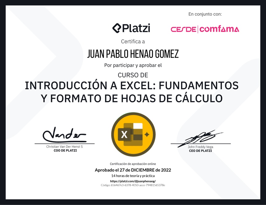 Diploma del Curso de Introducción a Excel para Principiantes: Fundamentos y Formato de Hojas de Cálculo