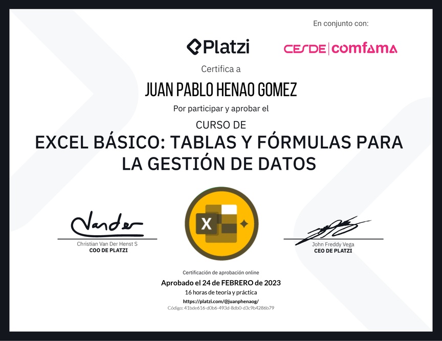 Diploma del Curso de Excel Básico: Tablas y Fórmulas para la Gestión de Datos