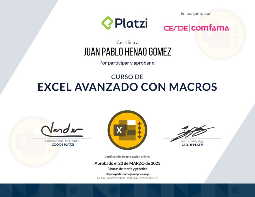 Diploma del Curso de Excel Avanzado con Macros