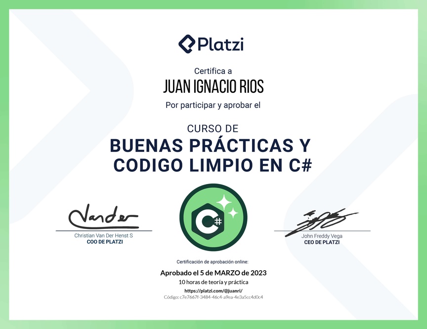 Diploma del Curso de Buenas Prácticas y Código Limpio en C#