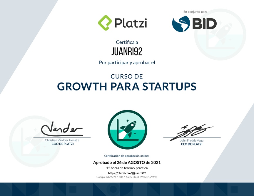 Diploma del Curso de Growth para Startups