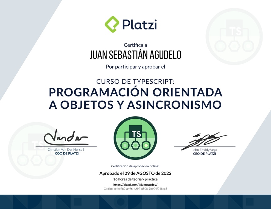 Diploma del Curso de TypeScript: Programación Orientada a Objetos y Asincronismo