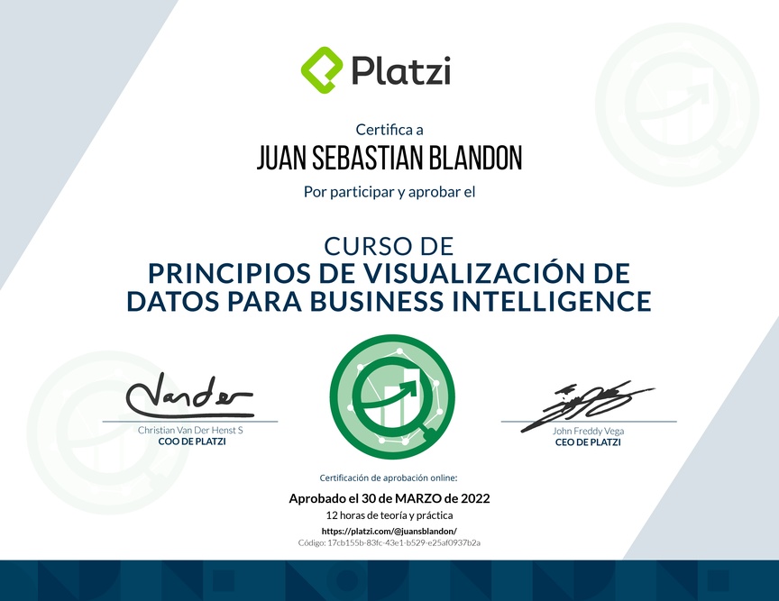 Diploma del Curso de Principios de Visualización de Datos para Business Intelligence (2021)