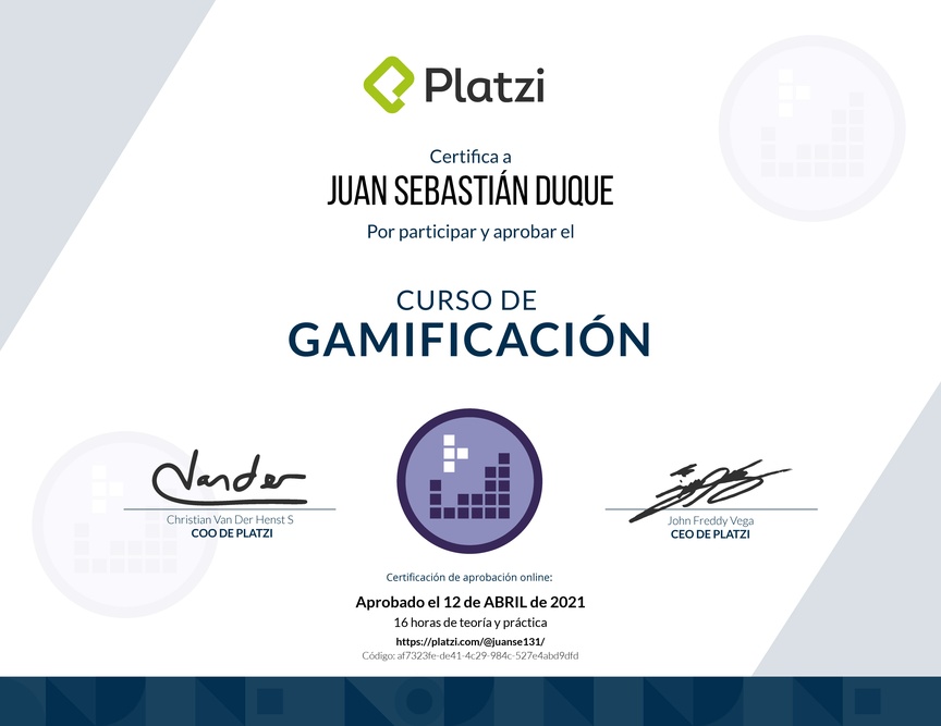 Diploma del Curso de Gamificación 2018